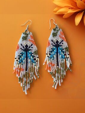 Handmade Beaded Fringe Earrings — Coral, Turquoise, Sienna and Olive